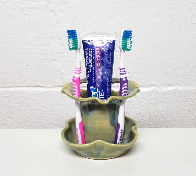 Toothbrush Holder Ready to Ship Pottery Bathroom Caddy 4 Slot Bathroom Container Green and Blue Accessory Tooth Brush Toothpaste