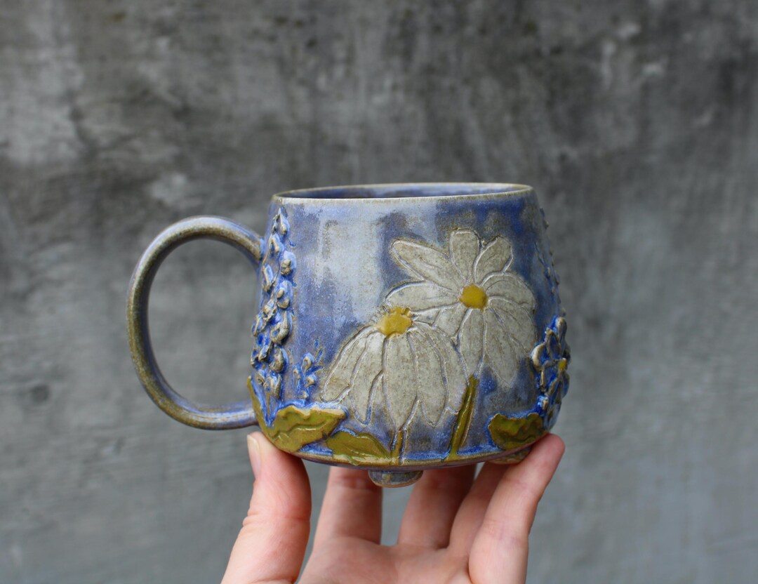 Handmade Floral Pottery Mug: Blue Ceramic Coffee Cup, 13 Oz - Etsy Canada