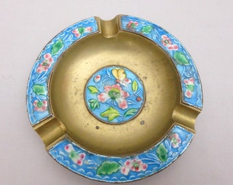 Chinese Blue Enamel on Brass Ashtray; Floral with Butterfly