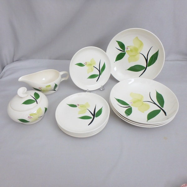 Blue Ridge Pottery Chartreuse Flower Soup Bowls, Bread Plates, Sugar Bowl & Creamer