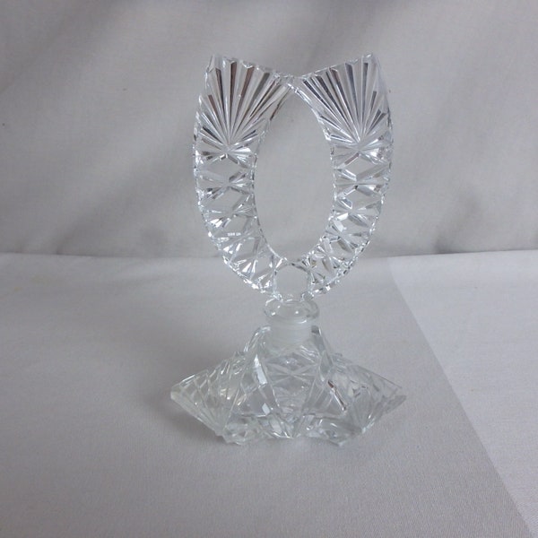 Czech Cut Glass Perfume Bottle with Tall Horseshoe Shaped Stopper