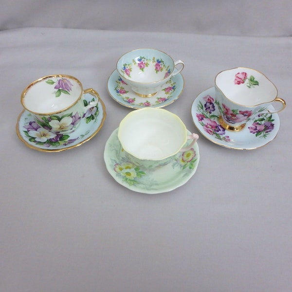 4 Bone China Cup and Saucer Sets with Green Backgrounds