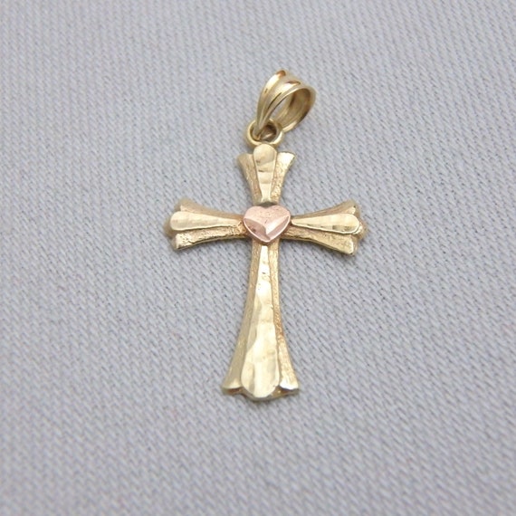 Two Tone 14K Gold Cross with Heart and Textured L… - image 1