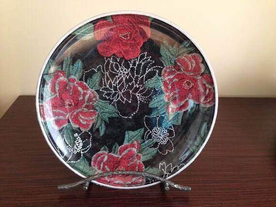 Beautiful Decorated Glass Plate Black And Red Etsy