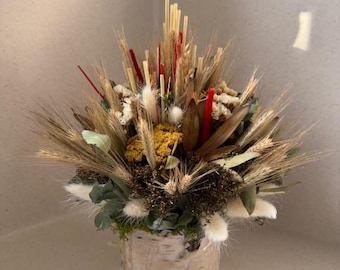 Dried flowers composition in a birch pot, Table centrepiece, Gift idea, Home decor, Natural decor, Mother&#39;s Day, Farmhouse decor