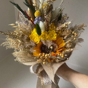 シルクのひまわりとドライフラワーのブーケ、小麦のアレンジメント、造花とドライフラワーのアレンジメント、母の日ギフト、春、ギフト