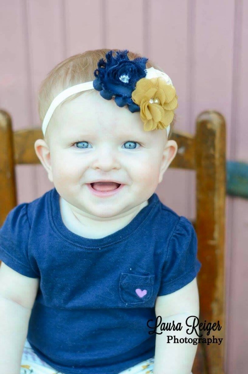 Mustard Navy and Ivory Chiffon Flower Headband Thanksgiving Bow Fall Baby Headband Mustard Gold Bow Navy Blue Newborn Headband