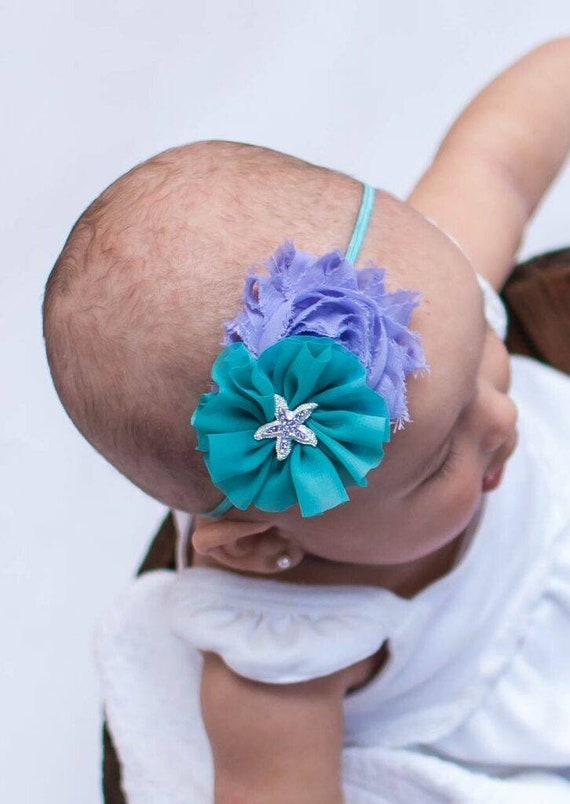 Starfish Flower Newborn Headband Baby Girl Hair Teal Aqua Blue Hair Bow Mermaid