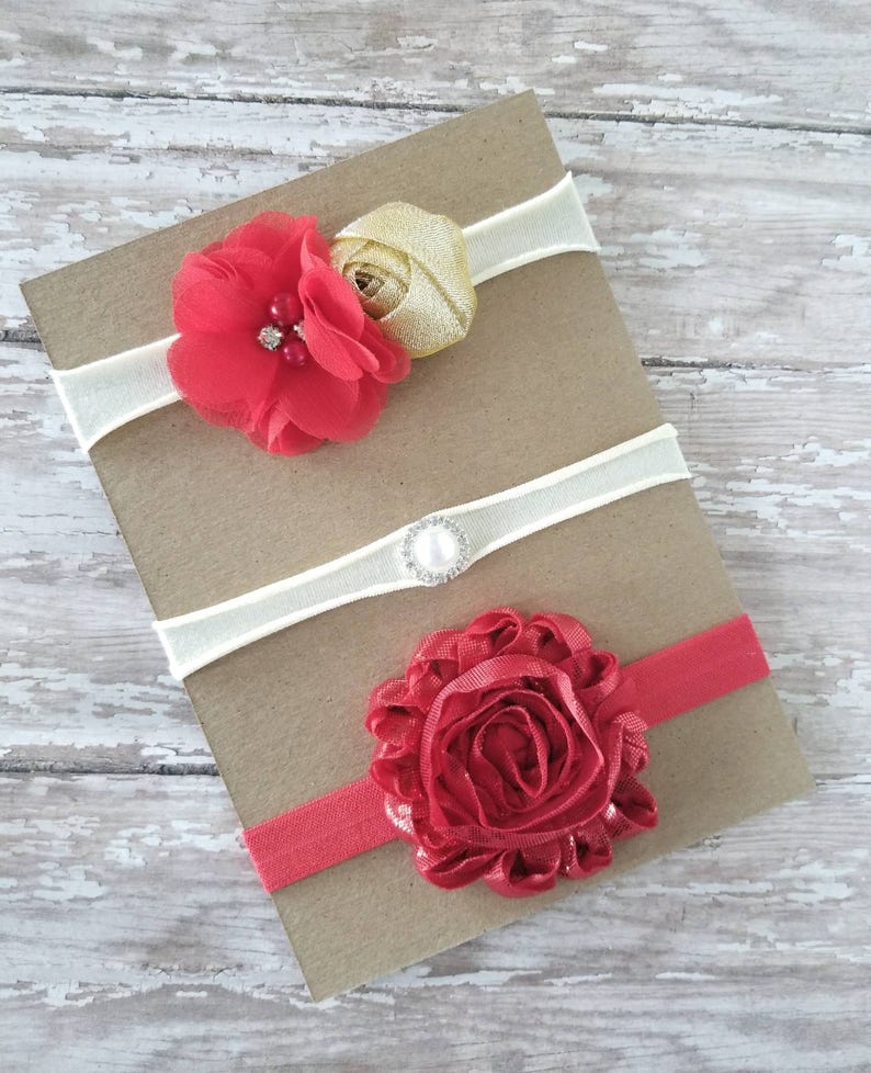 Baby Headband Set Newborn Headbands Gold Baby Headband Red Baby Headband Nylon Baby Headbands Valentine/'s Day Headband Set Gold Bows