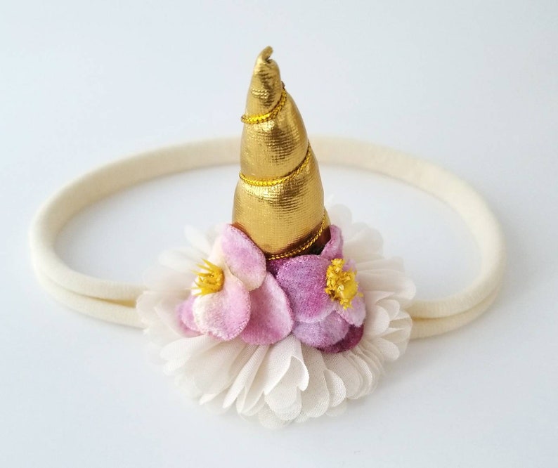 Nylon Baby Headband Pink and Ivory Unicorn Headband Pink Unicorn Bows Gold Unicorn Horn Headband Ivory Headband Unicorn Baby Headband
