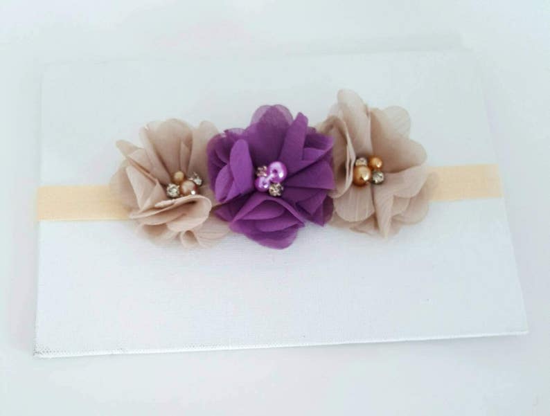 Beige and Plum Headband Flower Girl Headband Beige Hair Bow Plum Baby Headband Ivory Headband Newborn Headband Fancy Headband