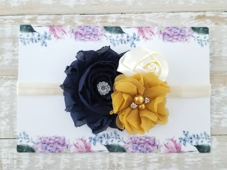 Mustard Navy and Ivory Chiffon Flower Headband Thanksgiving Bow Fall Baby Headband Mustard Gold Bow Navy Blue Newborn Headband