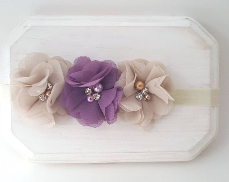 Beige and Plum Headband Flower Girl Headband Beige Hair Bow Plum Baby Headband Ivory Headband Newborn Headband Fancy Headband