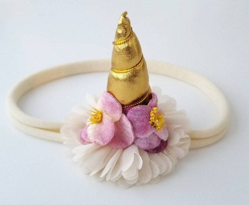 Nylon Baby Headband Pink and Ivory Unicorn Headband Pink Unicorn Bows Gold Unicorn Horn Headband Ivory Headband Unicorn Baby Headband