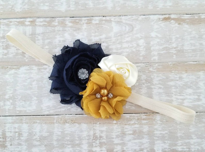 Mustard Navy and Ivory Chiffon Flower Headband Thanksgiving Bow Fall Baby Headband Mustard Gold Bow Navy Blue Newborn Headband
