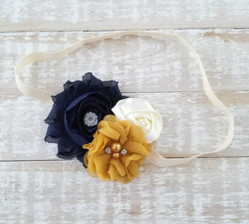 Mustard Navy and Ivory Chiffon Flower Headband Thanksgiving Bow Fall Baby Headband Mustard Gold Bow Navy Blue Newborn Headband