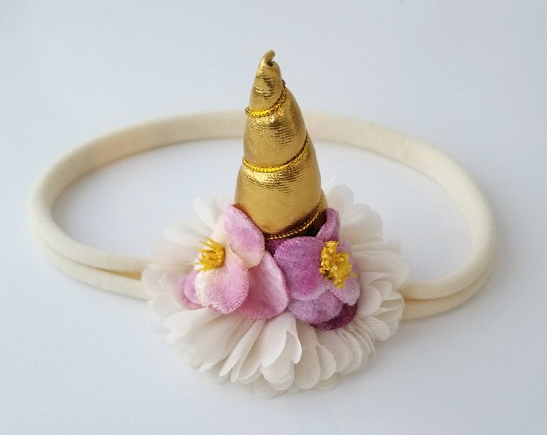 Nylon Baby Headband Pink and Ivory Unicorn Headband Pink Unicorn Bows Gold Unicorn Horn Headband Ivory Headband Unicorn Baby Headband