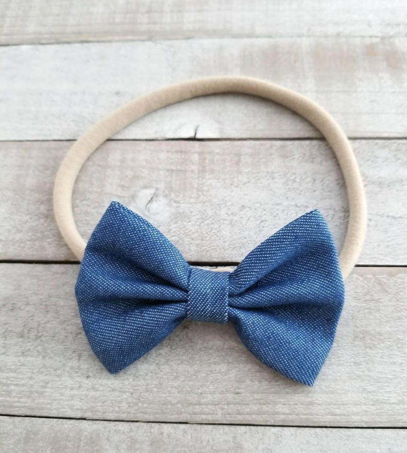 Newborn Headband Nylon Baby Headband Newborn Nylon Headband Blue Denim Bows Denim Hair Bow Baby Girl Headbands Denim Bow Headband