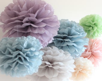 Tissue Paper Flowers set of 30 (10/10/10) - Vintage - Hanging Flowers - Paper Pom Poms - Paper Balls - Wedding set - Birthday decorations