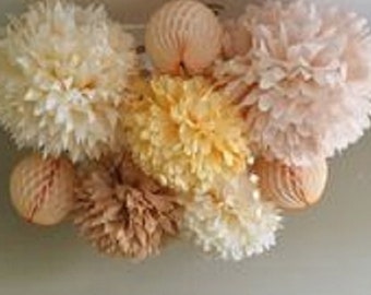 Tissue Paper Flowers set of 5 (2/3) - Hanging Flowers - Paper Pom Poms - Paper Balls - Wedding set - Birthday decorations