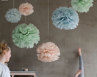 Tissue Paper Flowers set of 24 (12/12) -  Hanging Flowers - Paper Pom Poms - Paper Balls - Wedding set - Birthday decorations