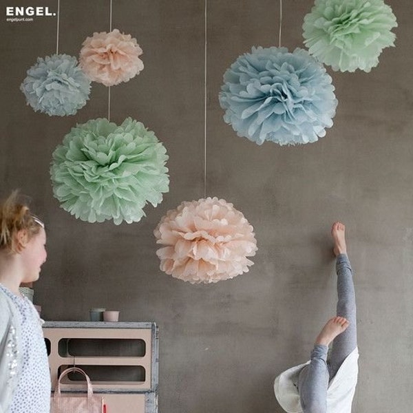 Tissue Paper Flowers set of 6 (2L/2M/2S) - Hanging Flowers - Paper Pom Poms - Paper Balls - Wedding  - Birthday decoration