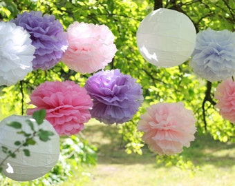 Tissue Paper Flowers set of 18 (6/6/6) - Pink baby shower -  Hanging Flowers - Paper Pom Poms - Paper Balls - Wedding Birthday decorations
