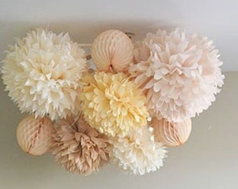 Tissue Paper Flowers set of 6 (2/2/2) - Vintage set - Hanging Flowers - Paper Pom Poms - Wedding  - Birthday decoration