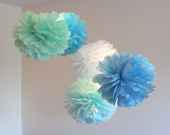 It's a Boy! - Tissue Paper Flowers set of 10 (5/5) - Hanging Flowers - Paper Pom Poms - Paper Balls - Wedding set - Birthday decorations