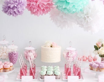 25 Tissue Paper Flowers set  -  Hanging Flowers - Paper Pom Poms - Paper Balls - Wedding set - Birthday decorations