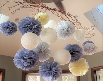 Tissue Paper Flowers set of 20 (10/5/5)  -  Hanging Flowers - Paper Pom Poms - Paper Balls - Wedding set - Birthday decorations