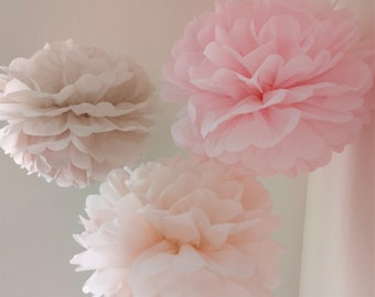 Tissue Paper Flowers set of 27 (9/9/9) - Vinatge rose - Blush - Pale pink - Paper Pom Poms - Paper Balls - Wedding set - Birthday decoration