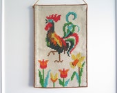 Embroidered Wall Hanging Decor Rooster Spring Flowers Easter Scandinavian Handmade Decor 4-14-25