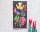 Vintage Swedish Woven Folk Art Wall Decor Flemish Flamsk Tapestry Black Pink Yellow Flowers Vintage Scandinavian Interior 3-61-8