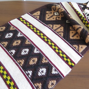 Woven Table Runner, Vintage Textiles, Ornamented Table Topper Brown White #4-50-2