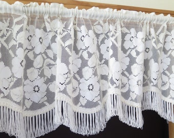 Floral Lace Valance with fringe Country Chic Vintage Window Treatment, Machine Crochet Valance #4-71-25
