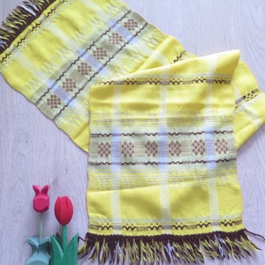 Vintage Woven Table Runner Vintage Textiles Scandinavian Yellow Brown Ornamented Table Topper #3-36-41