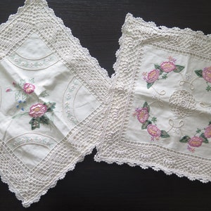 Pillow Case Covers Set of 2, Vintage White Cotton Pillow Cases Crochet Lase Trim, Pink Embroidered Flowers #5-33-14