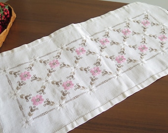 Embroidered Small Table Cloth Floral Hand Embroidery, Pink Flowers, Scandinavian Vintage Textiles Table Decor #4-65-20