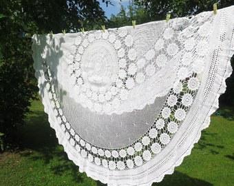 Round Crochet Table Cloth Handmade Floral Round Table Cloth, Shabby Country Scandinavian Home Decor #3-56-24