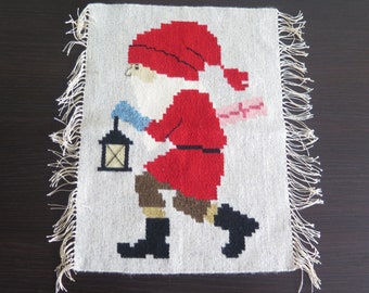 Hand Wall Decor Gnome in Red with Lantern Wall Hanging Handmade Tapestry Flemish Swedish Vintage Scandinavian #3-61-22AA