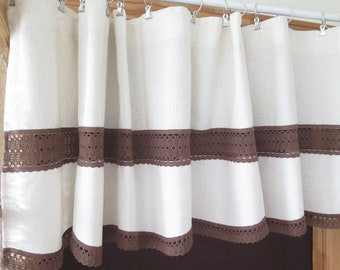 Vintage Valance Cream with Brown Trim and Inlay, Swedish Kitchen Curtain #4-41-18