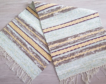 Woven Rug Rag Green brown Yellow Striped Vintage Floor Runner, Scandinavian Home Decor #4-56-6