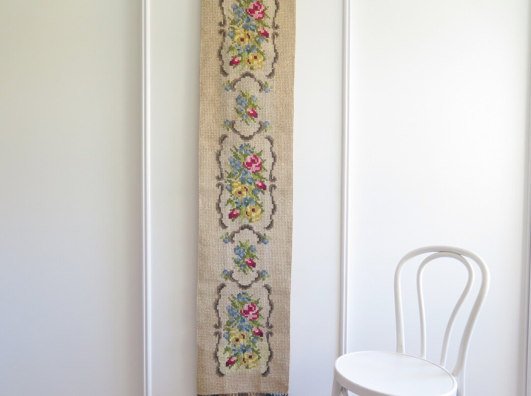Hand Embroidered Wall Decor Vintage Long Narrow Wall Hanging Blue ...