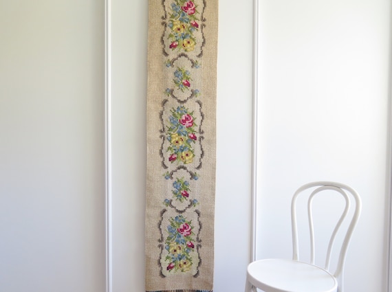 Embroidered Wall Decor Vintage Long Narrow Wall Hanging Blue Flowers Pink Yellow Roses, Hand Embroidered Scandinavian Home Interior #4-67-3