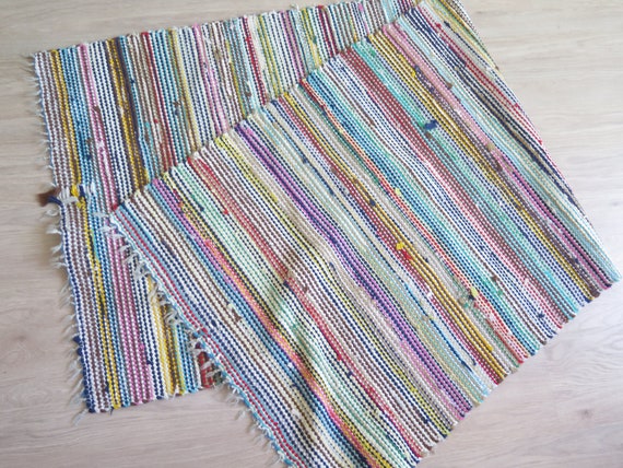 Floor Runner Vintage Long Handwoven Cotton Green Yellow Blue Multicolor Striped Rug, Scandinavian Home Interior #4-65-29