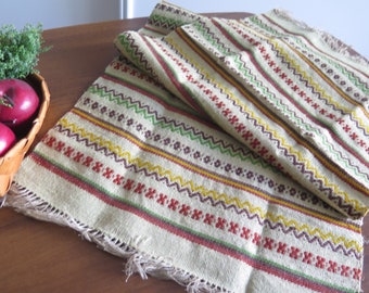Wool Woven Table Cloth / Runner, Green colorful Ornamented, Vintage Handwoven Scandinavian Table Decor #5-05-8