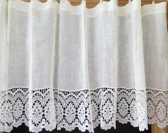 Floral Lace Valance Valance Long Wide, Machine Crochet Valance, Burlap Woven Top w Lace Trim, Country Chic #4-65-4