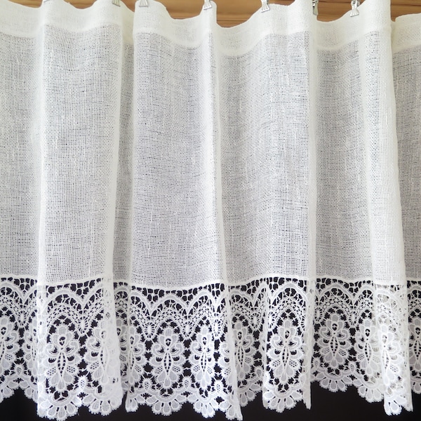 Floral Lace Valance Valance Long Wide, Machine Crochet Valance, Burlap Woven Top w Lace Trim, Country Chic #4-65-4