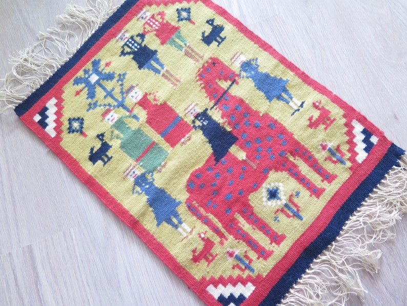 Woven Wool Decor Red Horse People Swedish Vintage Tapestry Handwoven Decor Scandinavian #3-55-8